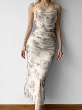 Rose Printed Vintage Mesh Folds Dress