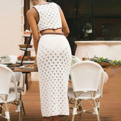 Hollow Out Sexy Knit Summer Outfits Vacation Beach Women Set Sleeveless Lace-up Vest And Long Skirt Fashion Two Piece Set