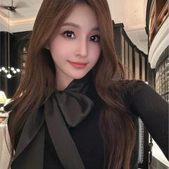 Pbong Blackbow Sexyknit Long Sleeve T-Shirt Autumn Elegant Slimming Inner Base Top Bow Decoration Crew Neck Full Sleeve Chinese Made