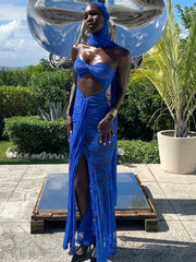 Lace See Through Strapless Sexy Maxi Dress For Women Gown Halter Hollow Out Sleeveless Backless High Split Long Dress