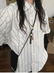 Japanese Retro Blue Striped Short Sleeved Blouses Summer New Sleeve Shirts Women Y2k E-Girl Mid-length Loose Blusas Mujer