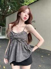 Streetwear Gyaru Tanks Sleeveless Plaid Patchwork Folds Summer Female Slim Tops All Match Fashion Vintage Women's Clothing