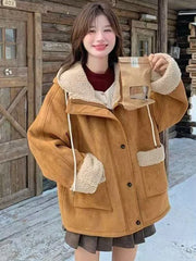 Y2K Streetwear Faux Lamb Suede Jacket Women Vintage Winter Long Sleeve Hooded Coat American Retro Loose Lady Pockets Warm Tops