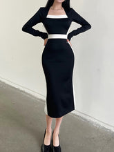 Black Stripe Patchwork Midi-Long-Sleeve Dress