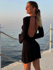 Stripe Knitted Slim Fitting Short Dress Sexy Flare Long Sleeve Backless Beach Dress Solid Color Casual Chic Vacation Robes Femme