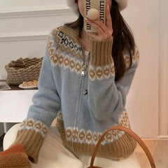 Zip Up Fair Isle Sweater Cardigan Thick Warm Knit Zipper Front Sweater Jacket Cozy Knitwear Teen-girl Fall Winter Vintage Outfit