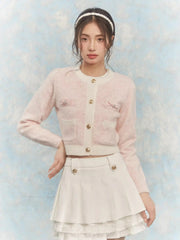 Korean Fashion Pink Cropped Cardigan Women Kpop Sweet Girl Knitted Sweater Bow Coquette Aesthetic Long Sleeve Tops New