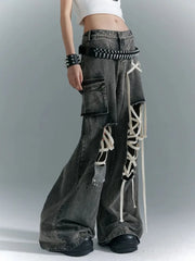 Fashion American Vinateg Hole Cross Lace Up Design Denim Pants Y2ka Esthetic High Street Baggy Wide Leg Trousers Punk Bottoms