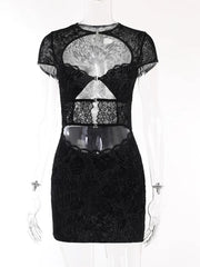 Lace Hollow Out Print Sexy Mini Dress For Women Robe Autumn New Black Strapless Short Sleeve Skinny Sexy Club Dress