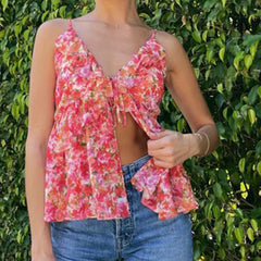 Womens Floral Ruffles Trim Camis Top Y2k V Neck Open Front Crop Tops Vest Beach Vacation Going Out Teen Girls Summer Tank Tops
