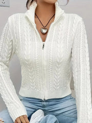 Zip Up Crop Cardigan for Women Boxy-fit Zipper Front Cable Knit Sweater Jacket Autumn Winter Teen-girl Y2K Outfit