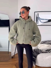 Faux Fur Fleece Hooded Zipper Women Thick Coat Drawstring Full Sleeve Pocket Loose Jacket Autumn Winter Chic Casual Outwear