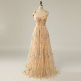 New Champagne Evening Dress Small Flowers Tulle Elegant A-line Vestido De Festa Fashion Spaghetti Strap Long Suknie Wieczorowe