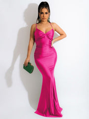 Lace Up Women Solid Satin Maxi Dress Backless Bodycon Sexy Streetwear Party Elegant Festival Evening Summer Outfit