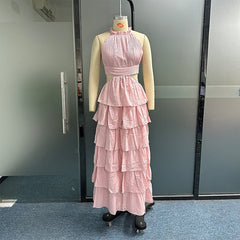 Women Maxi Dress Summer Elegant Solid Ruffled Sleeveless Round Neck Hollow Out Backless Lace Up Slim Nipped Waist Dress