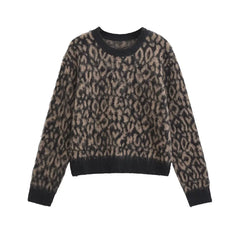 Spanish MD women's American retro brown leopard print round neck sweater knit top for autumn and winter