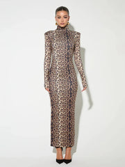 Leopard Print Long Sleeve Sexy Maxi Dress For Women Autumn Winter Fashion Elegant Turtleneck Printed Bodycon Long Dress