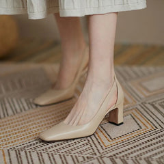 Ladies Summer Footwear High Heels Square Shoes for Women Black on Heeled Pumps Toe Normal Leather Casual Fashion Offer Sale