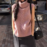 Cable Knit Turtleneck Sweater Vest for Women Cozy Funnel Neck Sleeveless Knit Top Jumper Pullovers Ladies Casual Chic Outfit
