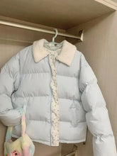 Blue Floral Patchwork Parkas Women Korean Sweet Winter Warm Puffy Coat Casual Long Sleeve Loose Preppy Style Cotton Jacket