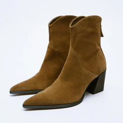 Women Boots High Heels Heeled Cowboy Ankle Boots Winter Fashion Pointed Toes Heel Women Chunky Heel Woman Shoes Brown
