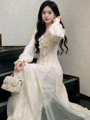 Autumn Elegant Solid Ruffles Fairy Dresses Korean Fashion Slim A Line Midi Dress Women Princess Party Vestidos New
