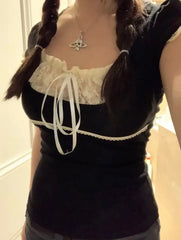 Coquette Lace Crop T Shirts Women Sweet Girl Bow Aesthetic Tops Japanese 2000s Style Y2k Short Sleeve Tees Summer