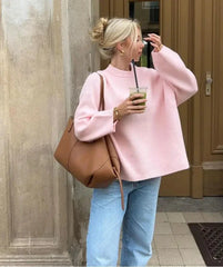 Sweet Pink Knit Sweater For Women Oversized Solid Crew Neck Long Sleeve Pullover Sweaters Female Fashion High Street Jumpers