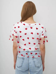 New Heart Print Mesh Splicing Color T-shirt For Women Y2k Cotton Short Sleeve Tee Top Rpund Neck Fashion Tshirt 2025 Summer