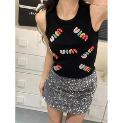 Pbong Spicy Girl Letter Print Knitted Crop Top Women's Sleeveless Slimming Vest New Inner Wear Fashionable Design