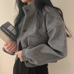 Pbong Autumn Winter Loose Woolen Coat Women Large Size with Pockets Small Stand Collar Long Sleeve Button Hong Style Women's Clothing