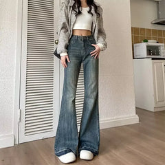 Hong Kong Style Fringe Loose-fit Bootcut Jeans Women's High-waisted Vintage Slimming American Style Bell-bottom Pants