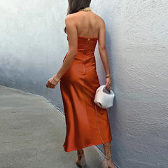 Elegant Strapless Slim Satin Party Dress Summer Off Shoulder Hollow Long Dress Fashion Solid Color Backless Chic Evening Dresses