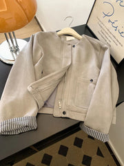 Women Faux Suede Y2K Jacket American Retro O Neck Long Sleeve Casual Coat Retro Casual Harajuku Streetwear Fall Winter Tops