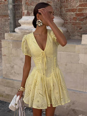 Trendix Yellow Elegant Dress Women Summer Sexy Deep V Neck Lace Up Short Sleeve Dresses Street Casual Vacation Ruffle Mini Dress