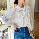 Elegant Pretty Blouses Shirts Women Tops Floral Whole Piece Embroidery Long Sleeve O Neck Boho 100% Cotton Blouse Shirt Autumn