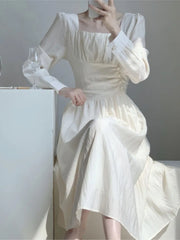 Autumn Women White Solid Long Sleeve Long Dress Elegant A-line Sweet Dresses Vintage Casual Birthday Vestidos Female Clothes