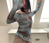Japanese T Shirt Women Long Sleeve Y2k Off Shoulder Tshirts Grunge Vintagw Tops Die Tye Fairycore Tee Tops 2000s Tee