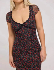 French Retro Floral Print Dress Sweet Chic Lace V-neck Slim Long Dress Short Sleeve Tight Women Dress Vacation Female Clothing