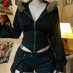 Autumn Slim Waist Office Lady Zip Up Cardigan High Streert Harajuku Euramerican Punk Sweatshirts Y2k Aesthetic Japan Clothes