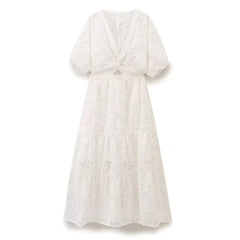 Fashion Hollow Out Embroidery Long Dress 2025 New V-neck Vacation Beach White Women Dress Fashion Chic Summer Female Clothing