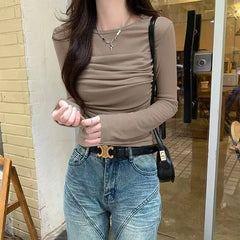 Y2K Long Sleeve Mesh Women T Shirt Spring Fashion Sexy O Neck Slim Female Tops Korean Chic Folds Cropped Bottoming Tees New