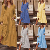Pbong Spring Autumn Women's Cotton Linen Button up Long Sleeve Dress Multi Color Large Hem Ankle Length Casual Vintage Dress