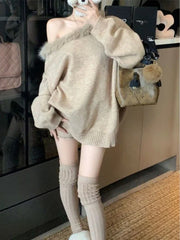 Y2K Hot Sweet American Vintage Loose Subculture Sweatshirts 2000s Harajuku Sexy Casual Korean Fur Collar Patchwork Pullover Chic