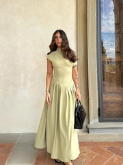 Elegant Solid Asymmetry Women Maxi Dress Fashion Stand Collar Short Sleeve Pleated A-line Dresses Lady Slim Commuting Robes