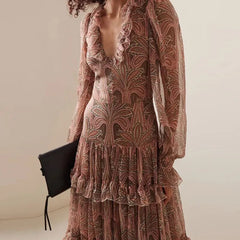 Autumn Casual Bohemia Dresses Elegant V-neck Ruffled High Waist Evening Dress Women Fashion Printed Mesh Pleated Long Dress