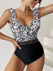Leopard Ruffle One Piece Swimsuit Women High Waist Mesh Tape Swimwear Female Beachwear V-neck Bathing Swimming Suit Summer