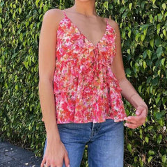 Womens Floral Ruffles Trim Camis Top Y2k V Neck Open Front Crop Tops Vest Beach Vacation Going Out Teen Girls Summer Tank Tops