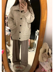 Slouchy Knit Cardigan for Women Rib-knit Pockets Front High Neck Button Up Sweater Jacket Coat Female Autumn Winter Basic Outfit