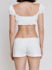 Women 2 Piece Summer Outfits Short Sleeve Square Neck Ruffle Ruched T-shirts Crop Tops Low Waist Shorts Clubwear
